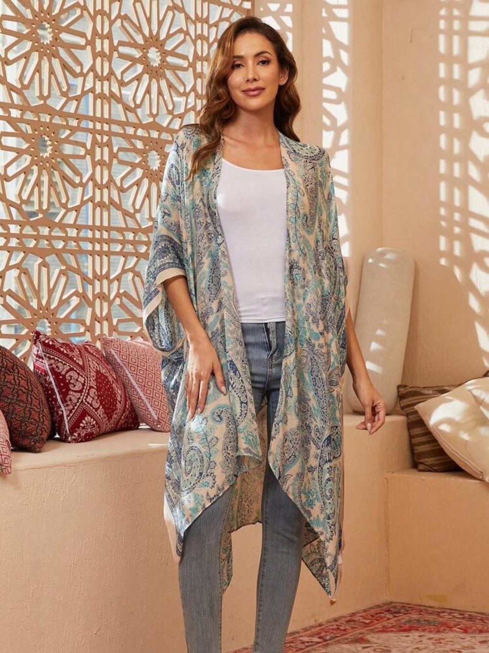 Lightweight Blue Cream Paisley Open-Front Kimono